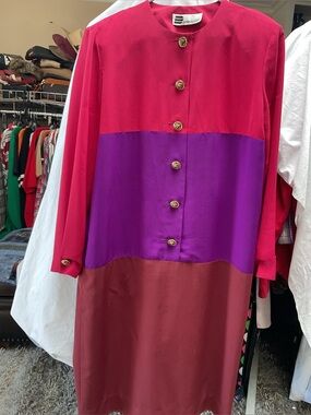 Vintage DON ELLIOT Colorblock Silk Blend Dress in Fuchsia, Purple & Mahogany